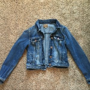 Medium Wash Lightly Distressed Denim Crop Jacket